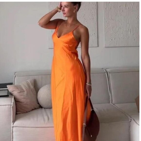 Zara Orange Satin Maxi Dress - Picture 6 of 12